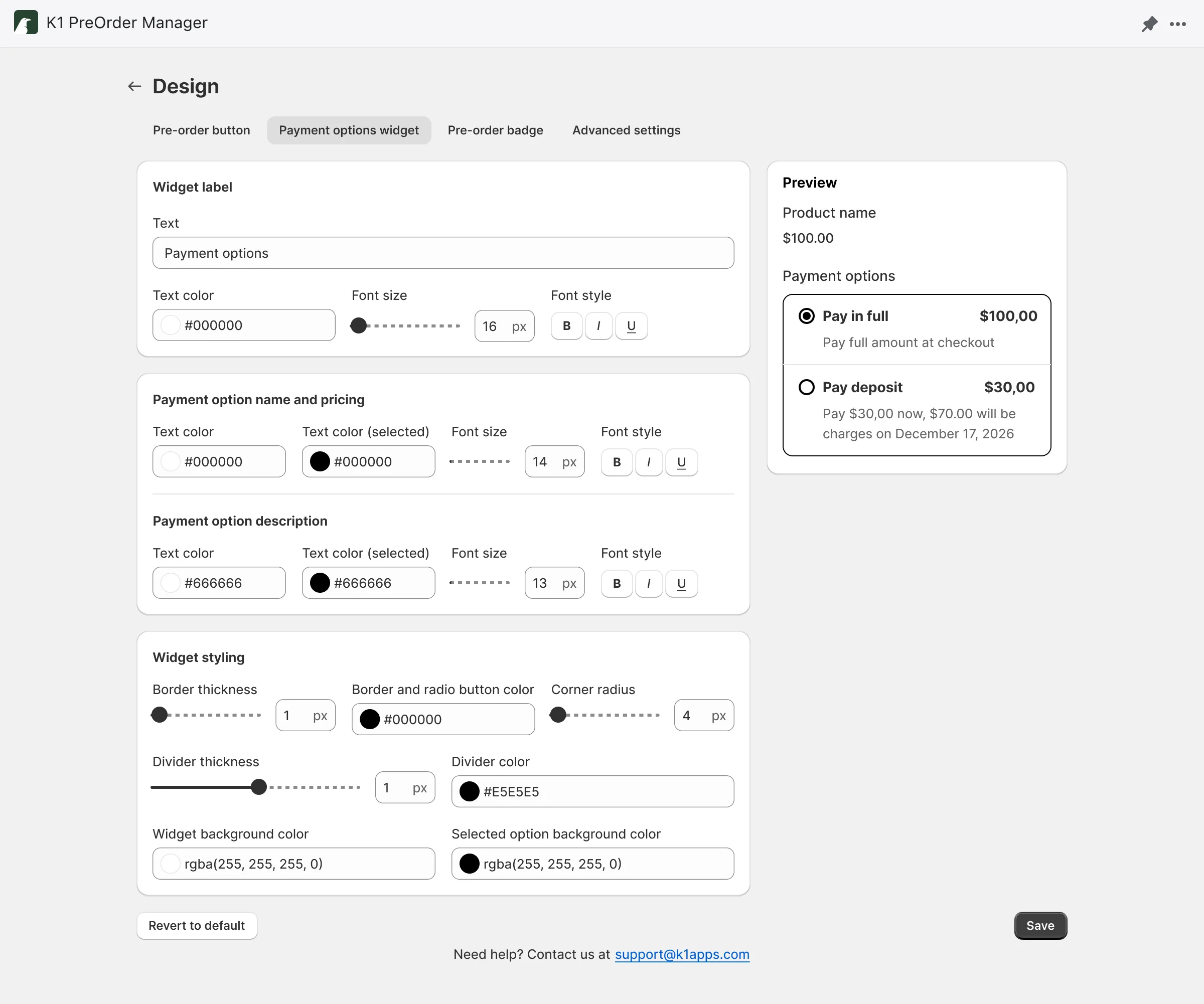 K1 Pre-Order v2.0 - Enhanced Widget Customization – Complete control over payment option display