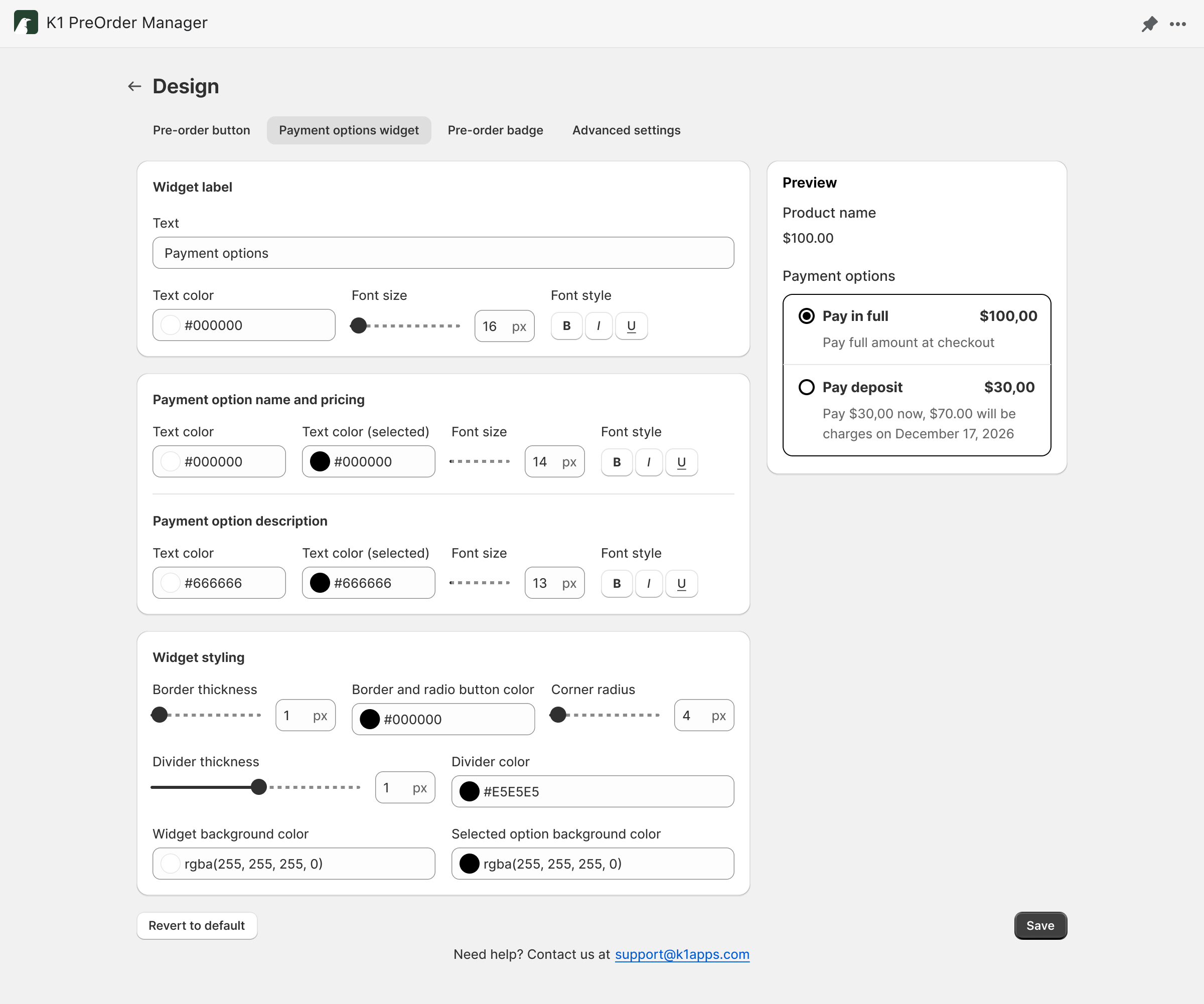 K1 Pre-Order v2.0 - Enhanced Widget Customization – Complete control over payment option display
