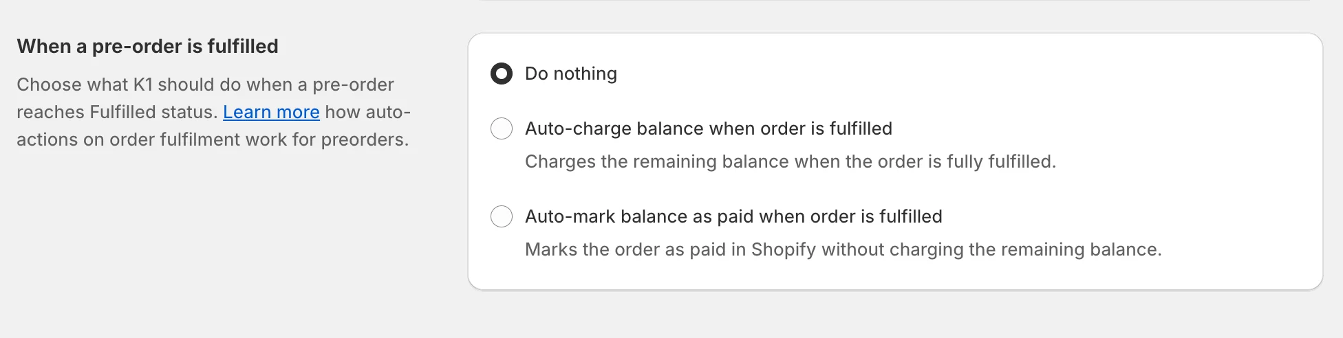 K1 Pre-Order v2.10 - Fulfillment Auto-Actions – Automatically charge or close the balance the moment a pre-order is fulfilled