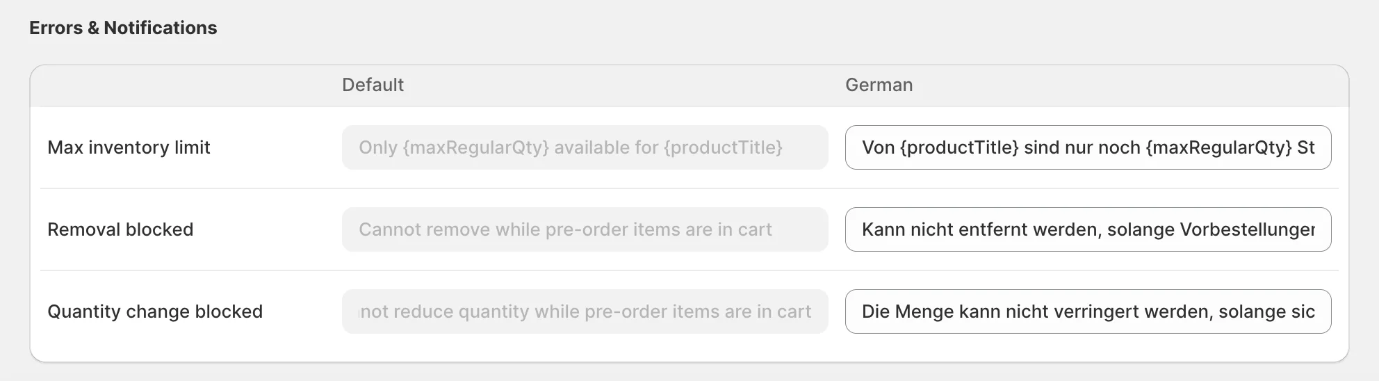 K1 Pre-Order v2.6 - Translation Error Messages for Smart Cart Inventory – Clearer messaging when items can’t be ordered due to stock