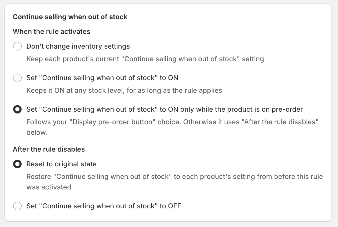 K1 Pre-Order v2.28 - Continue Selling Control – Keep "Continue selling when out of stock" on only while a product is actually on pre-order