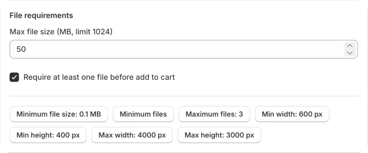 File requirements settings in the K1 admin
