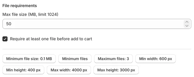 File requirements with size, count and dimension limits