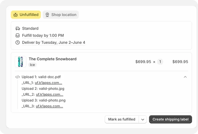 Shopify order showing uploaded files with secure links