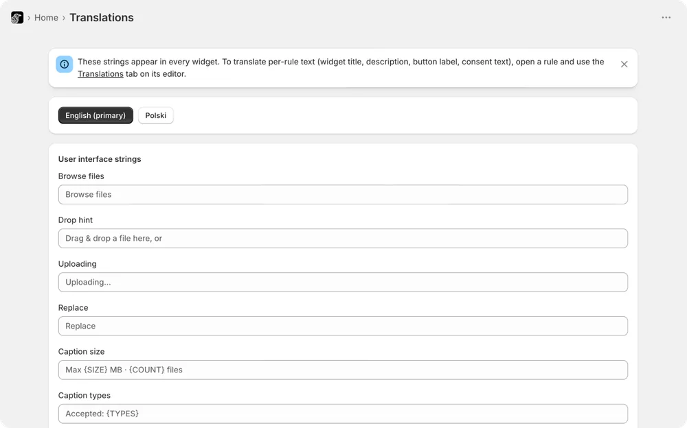 Translations editor for every widget string