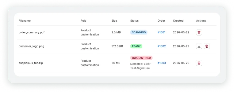 Upload manager showing scanning, ready and quarantined files