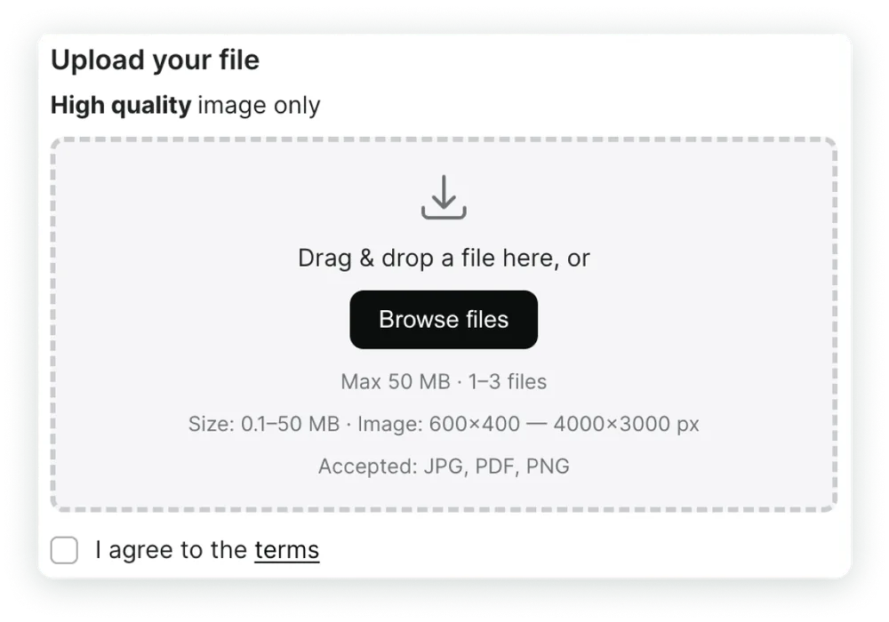 Upload widget showing size, dimension and file type requirements