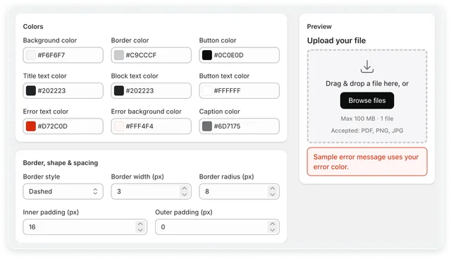 Widget design settings with colours, border and live preview