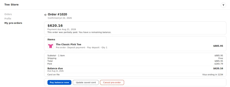 Customer pre-order page with balance due and self-service actions
