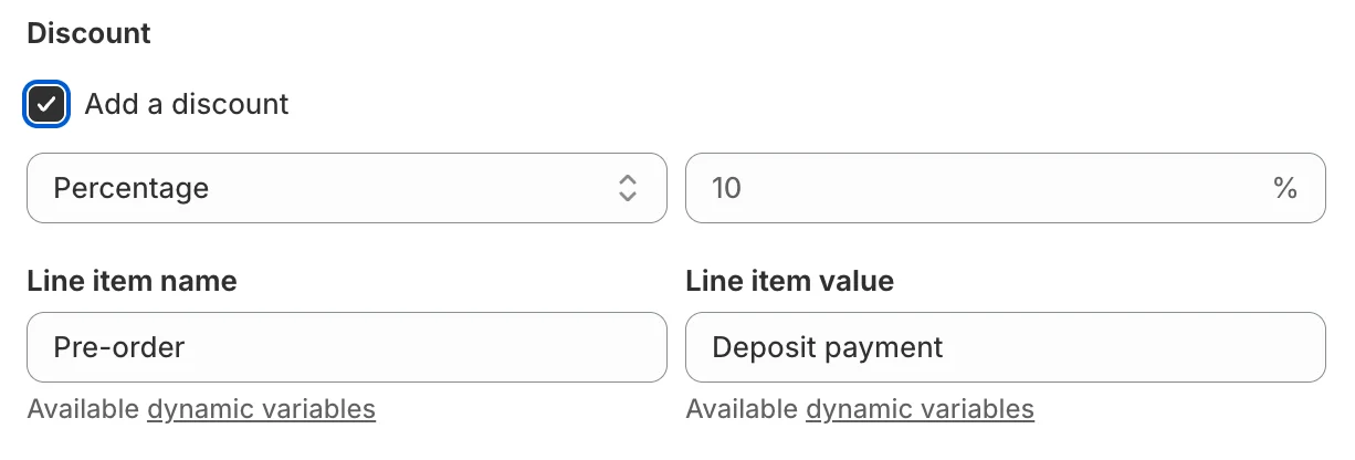 Pre-order discount settings with percentage and line item naming