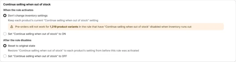 Continue selling settings