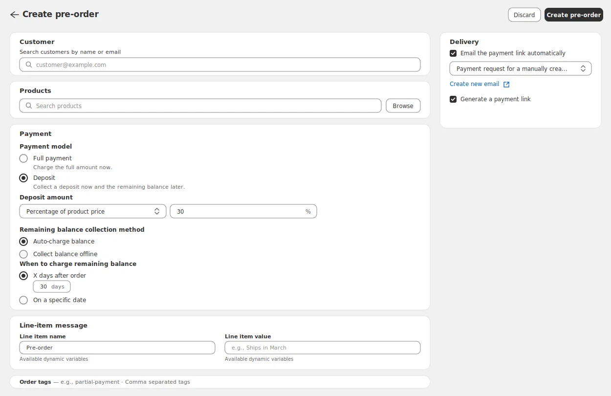 Create pre-order form with customer, products and payment model