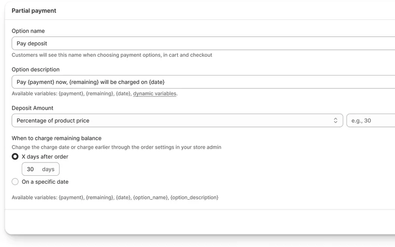 Partial payment settings with deposit amount and balance schedule
