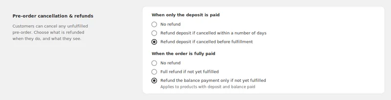 Pre-order cancellation and refund policy settings