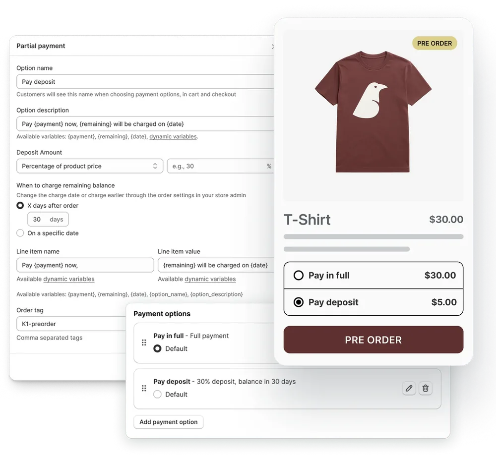 Partial payment settings and storefront payment options