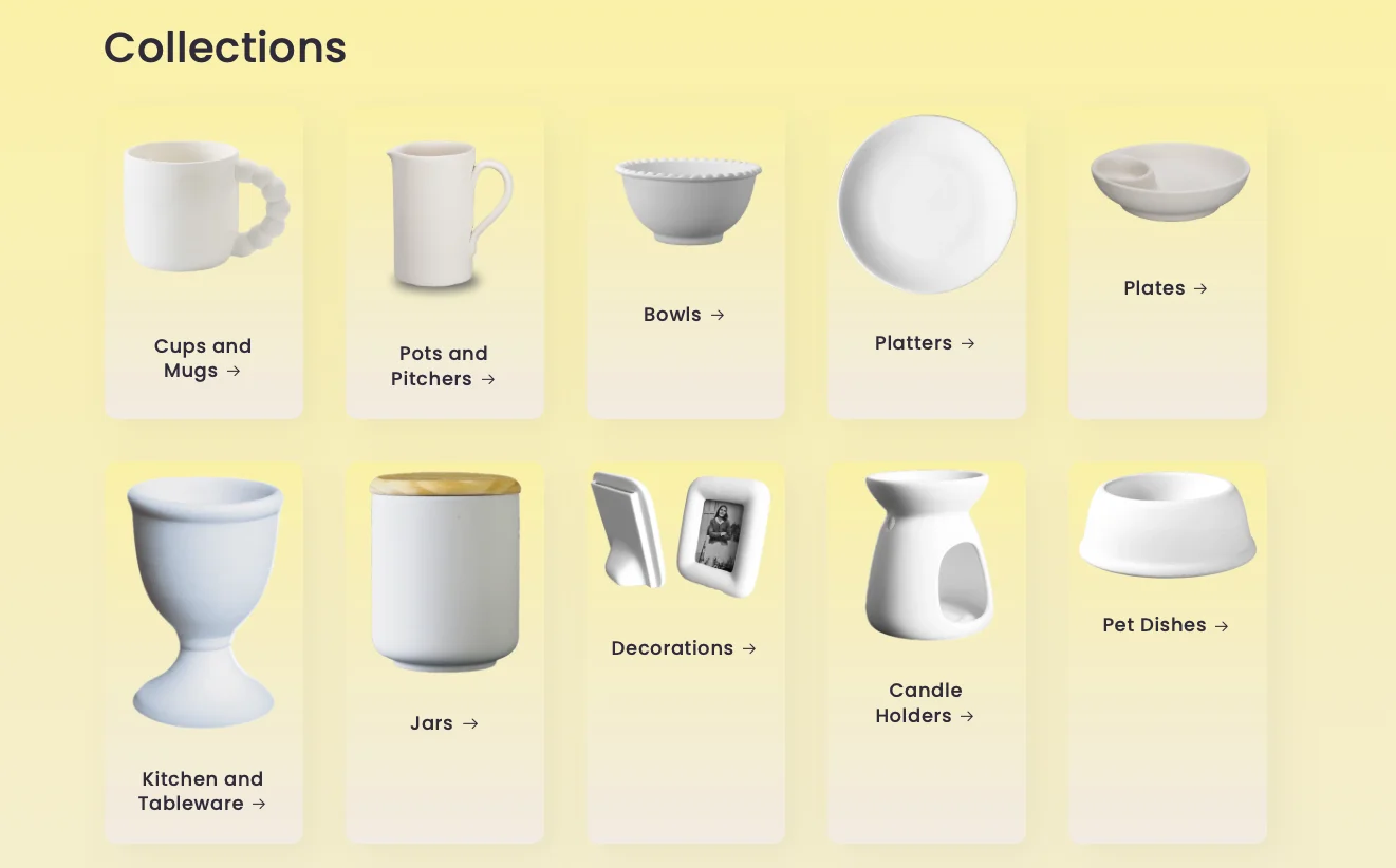 Ceramic collections with products customers may purchase in bulk.